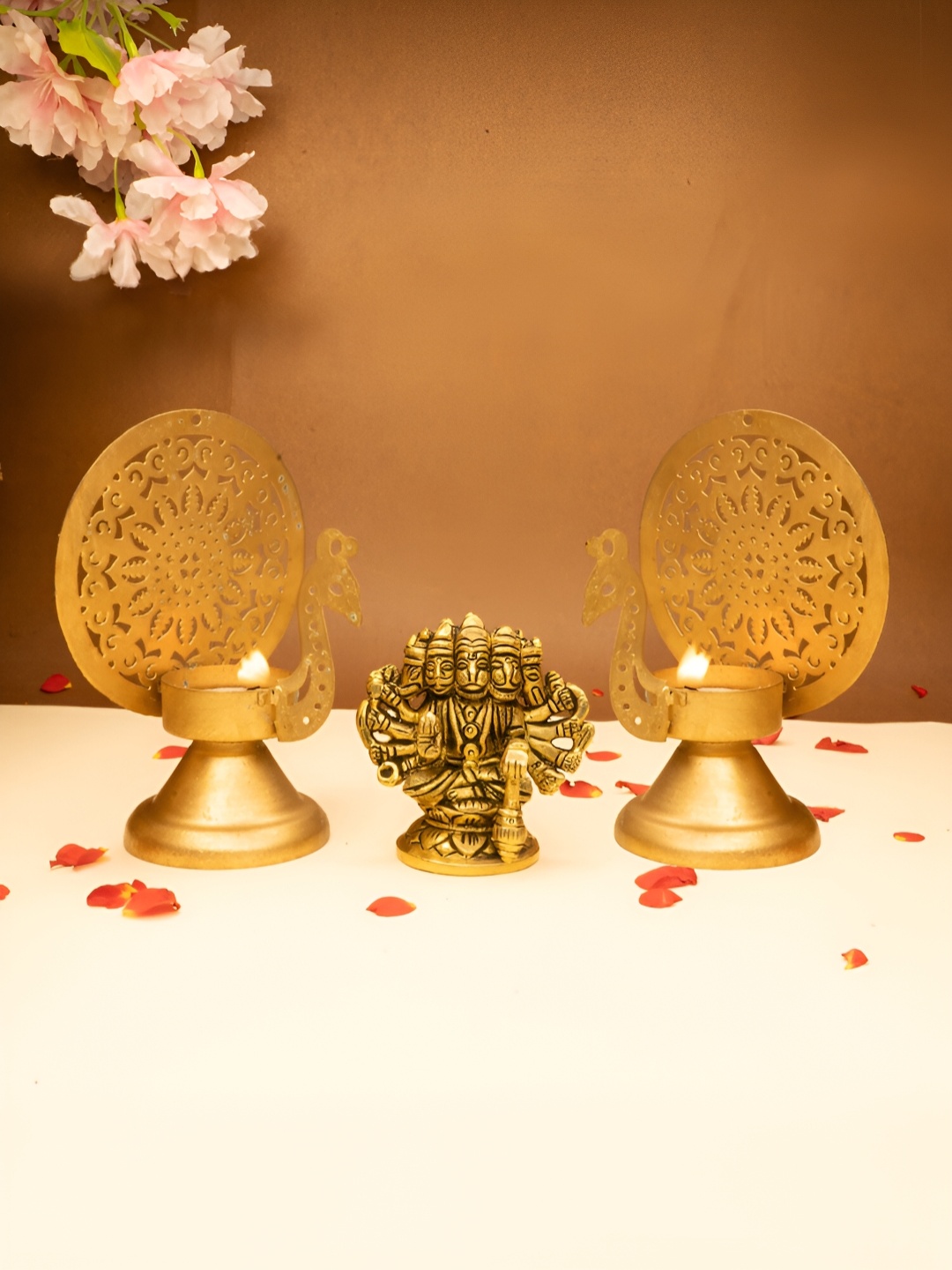 

Ekhasa Gold-Toned 3 Pieces Panchmukhi Hanuman Idol & Tealight Candle Holder Home Gift Set