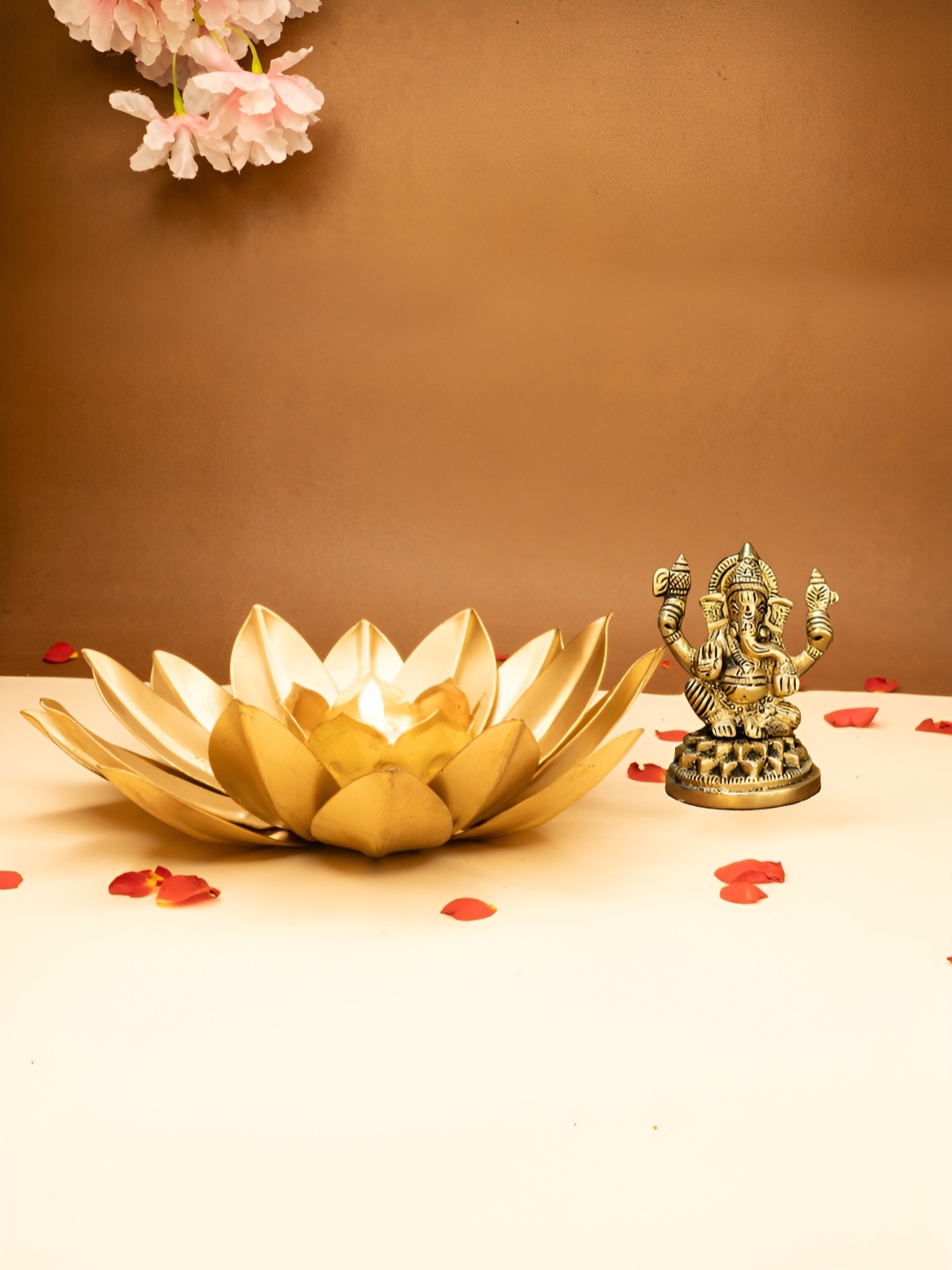 

Ekhasa Gold Toned 2 Pieces Textured Ganesh Idol & Tealight Candle Holders Home Gift Set