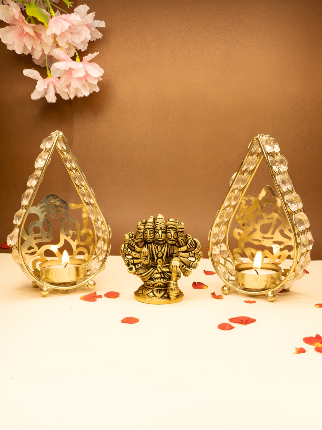 

Ekhasa Gold Toned 3 Pieces Textured Panchmukhi Hanuman Idol & Tealight Candle Holders