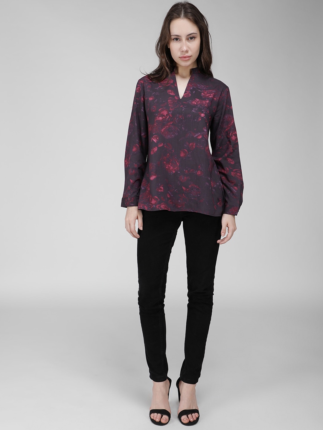 

IDK Floral Printed Mandarin Collar Top, Black