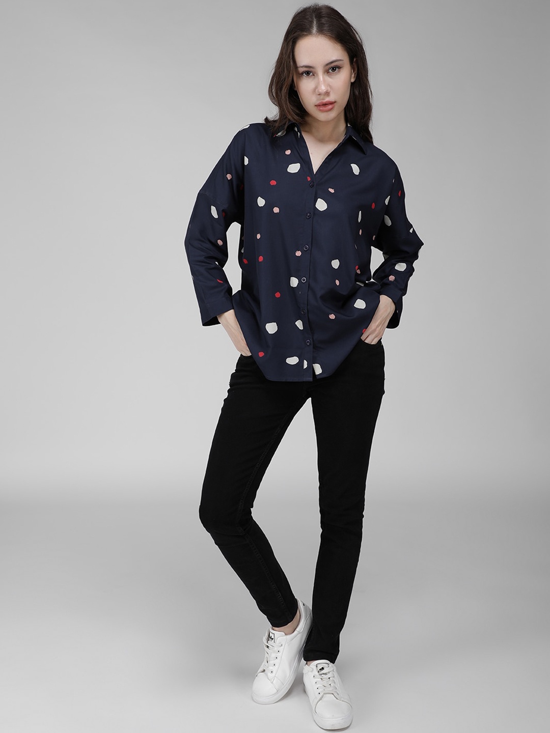 

IDK Geometric Printed Spread Collar Oversized Casual Shirt, Navy blue