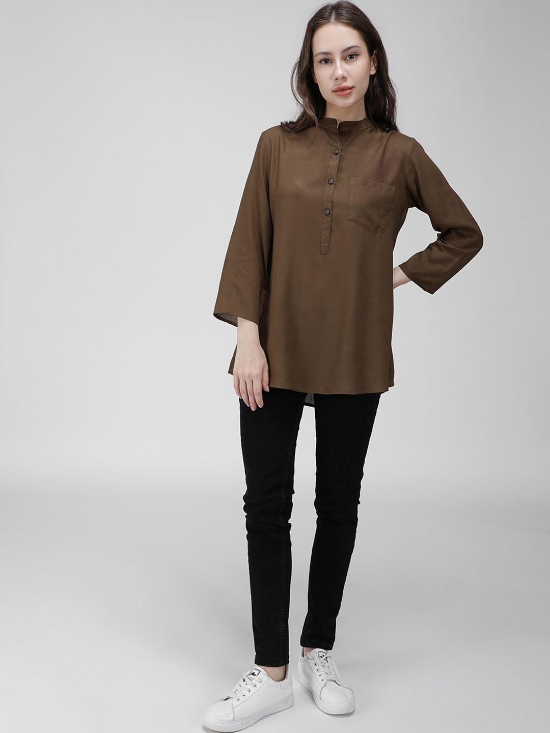 

IDK Mandarin Collar Shirt Style Top, Olive