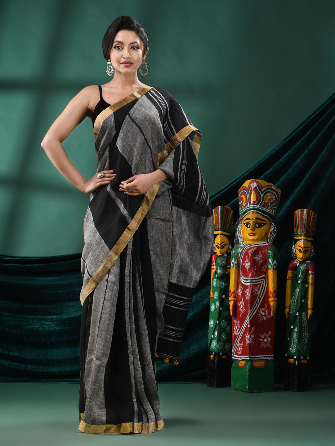 

Angoshobha Striped Zari Pure Linen Saree, Black