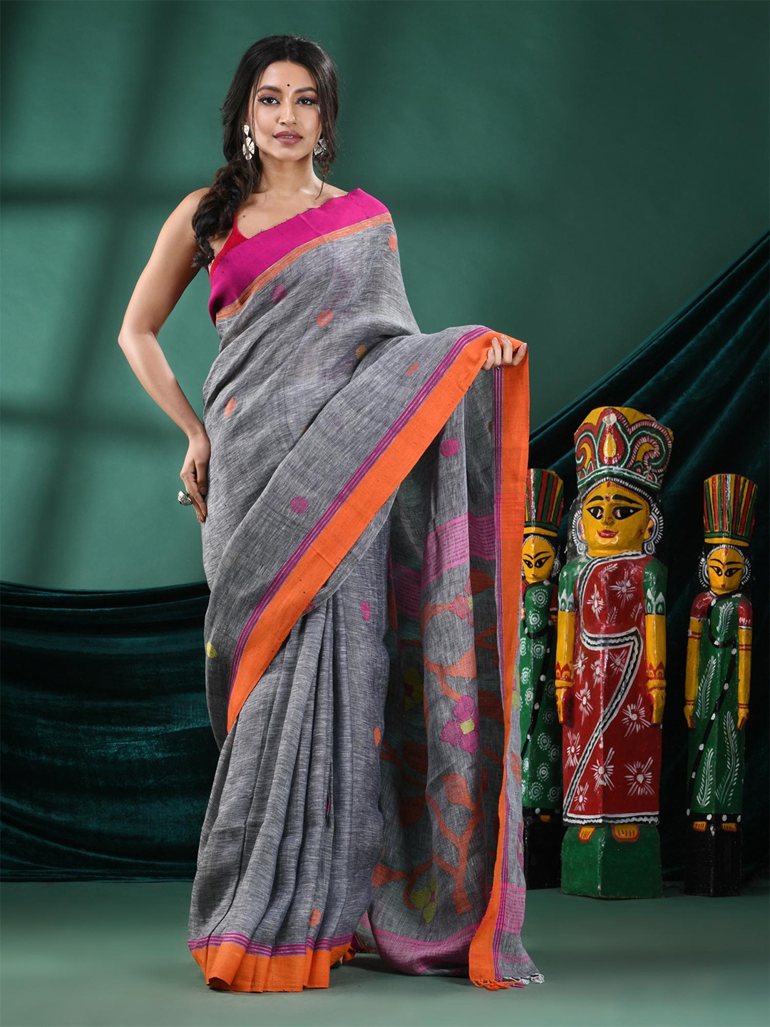 

Angoshobha Ethnic Motifs Woven Design Pure Linen Saree, Grey