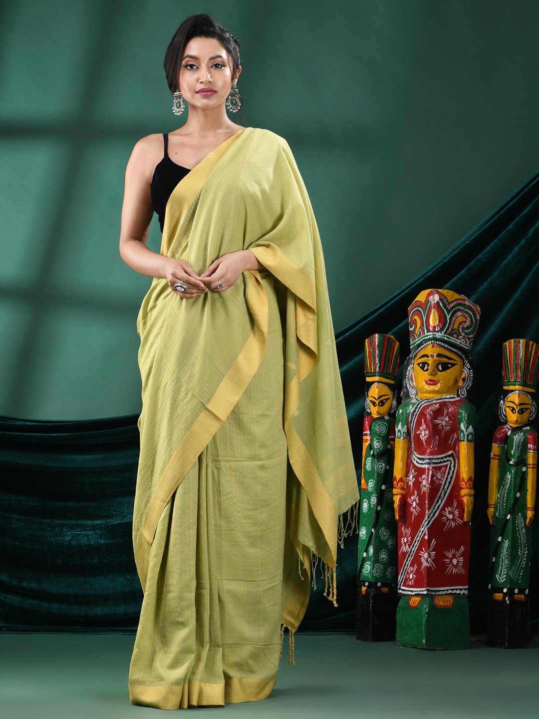 

Angoshobha Striped Woven Design Zari Pure Cotton Saree, Green