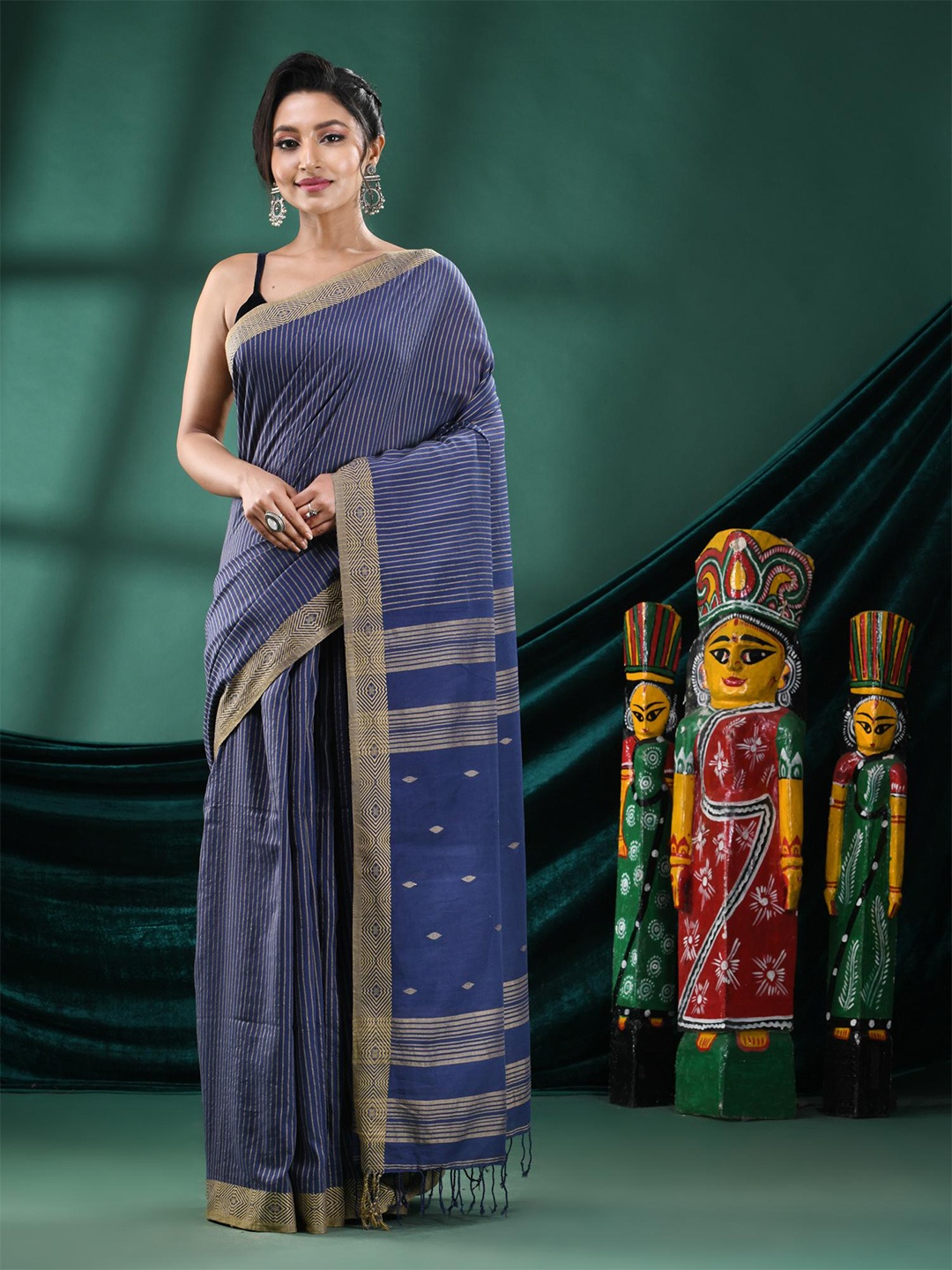 

Angoshobha Striped Zari Pure Cotton Saree, Blue