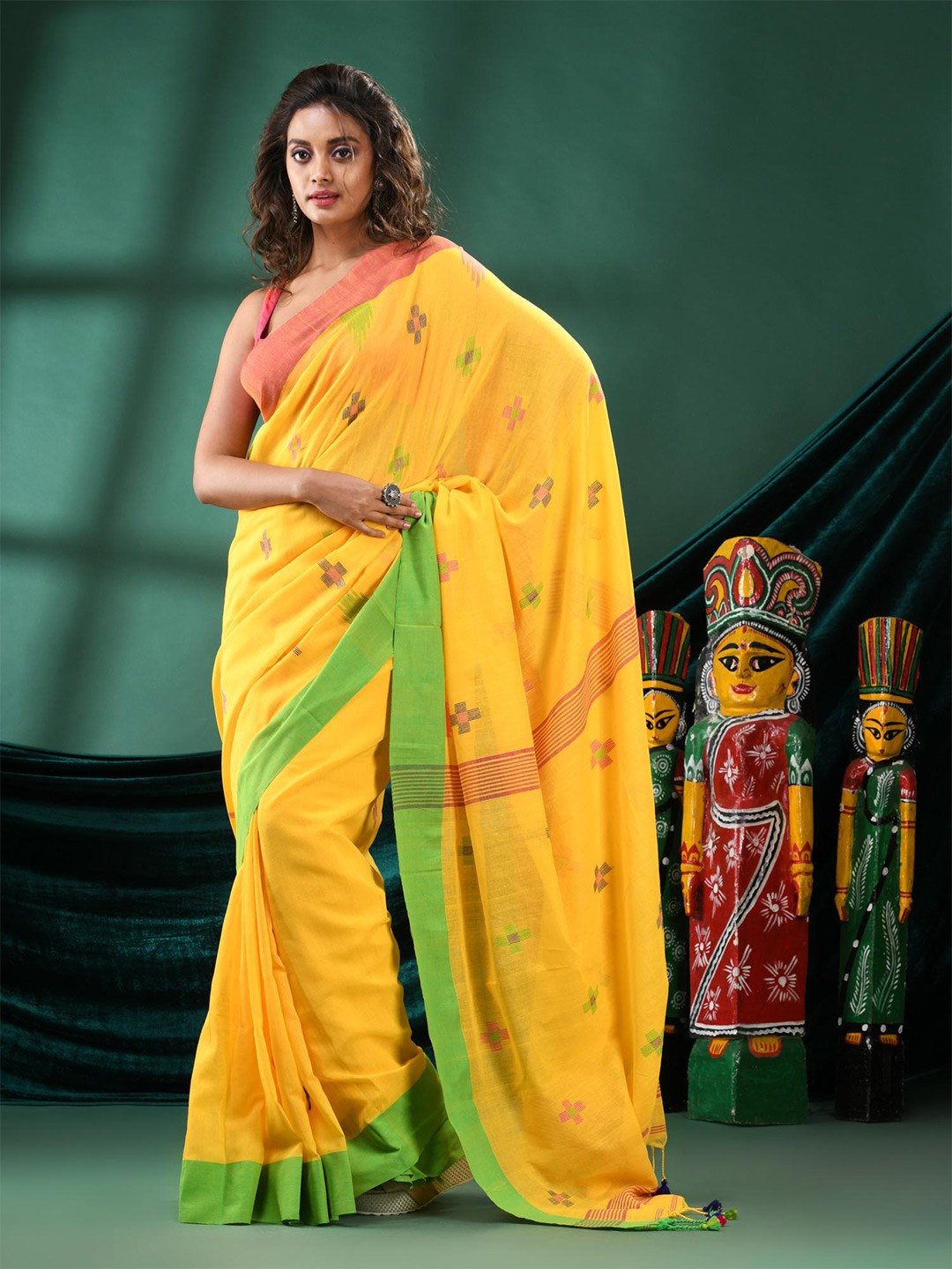 

Angoshobha Ethnic Motifs Pure Cotton Saree, Yellow