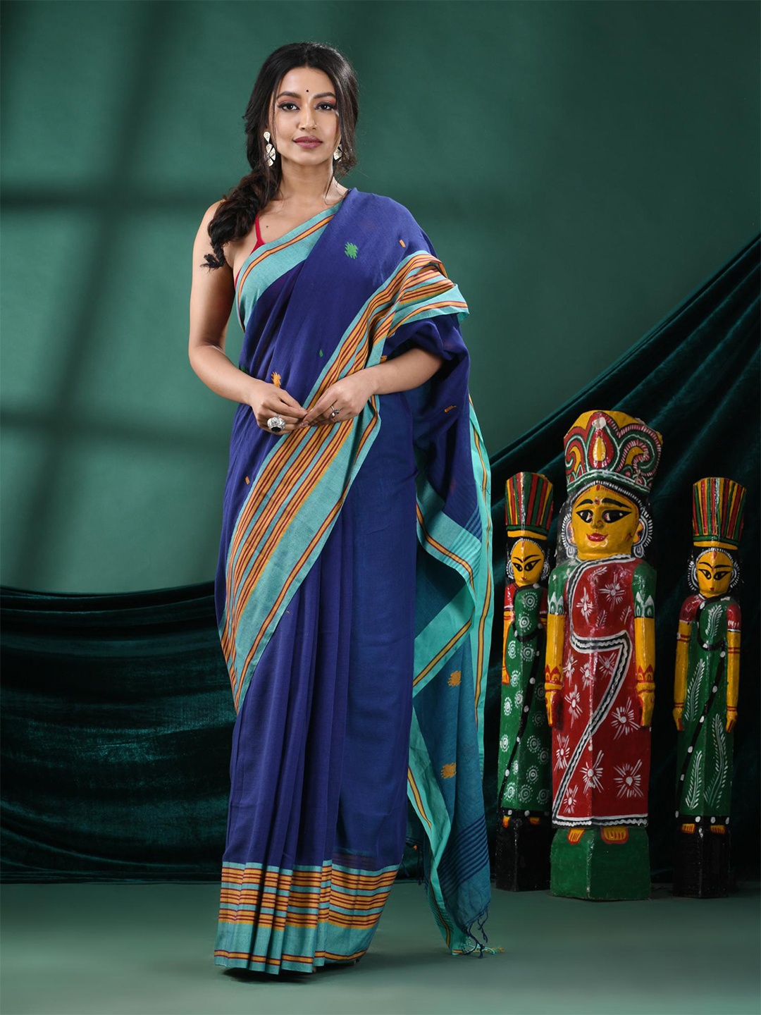 

Angoshobha Ethnic Motifs Woven Design Pure Cotton Saree, Blue