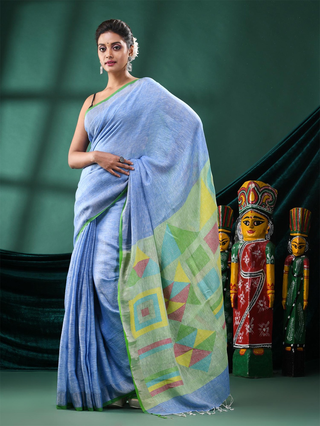 

Angoshobha Geometric Woven Design Pure Linen Saree, Blue