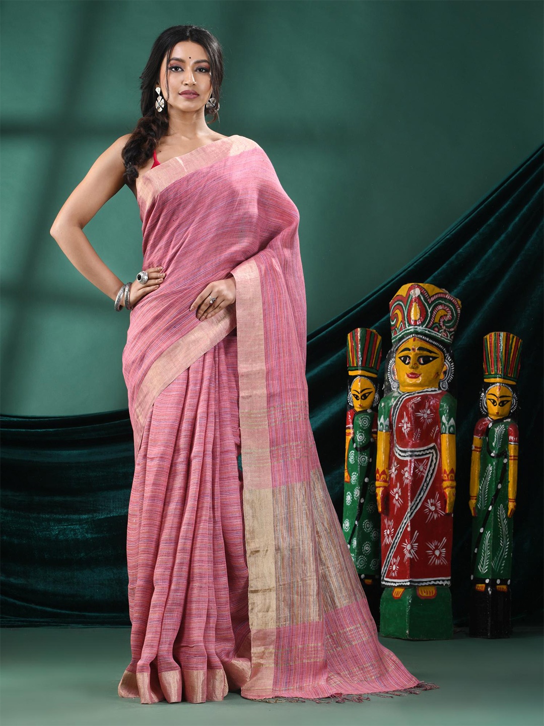 

Angoshobha Striped Zari Pure Linen Saree, Pink