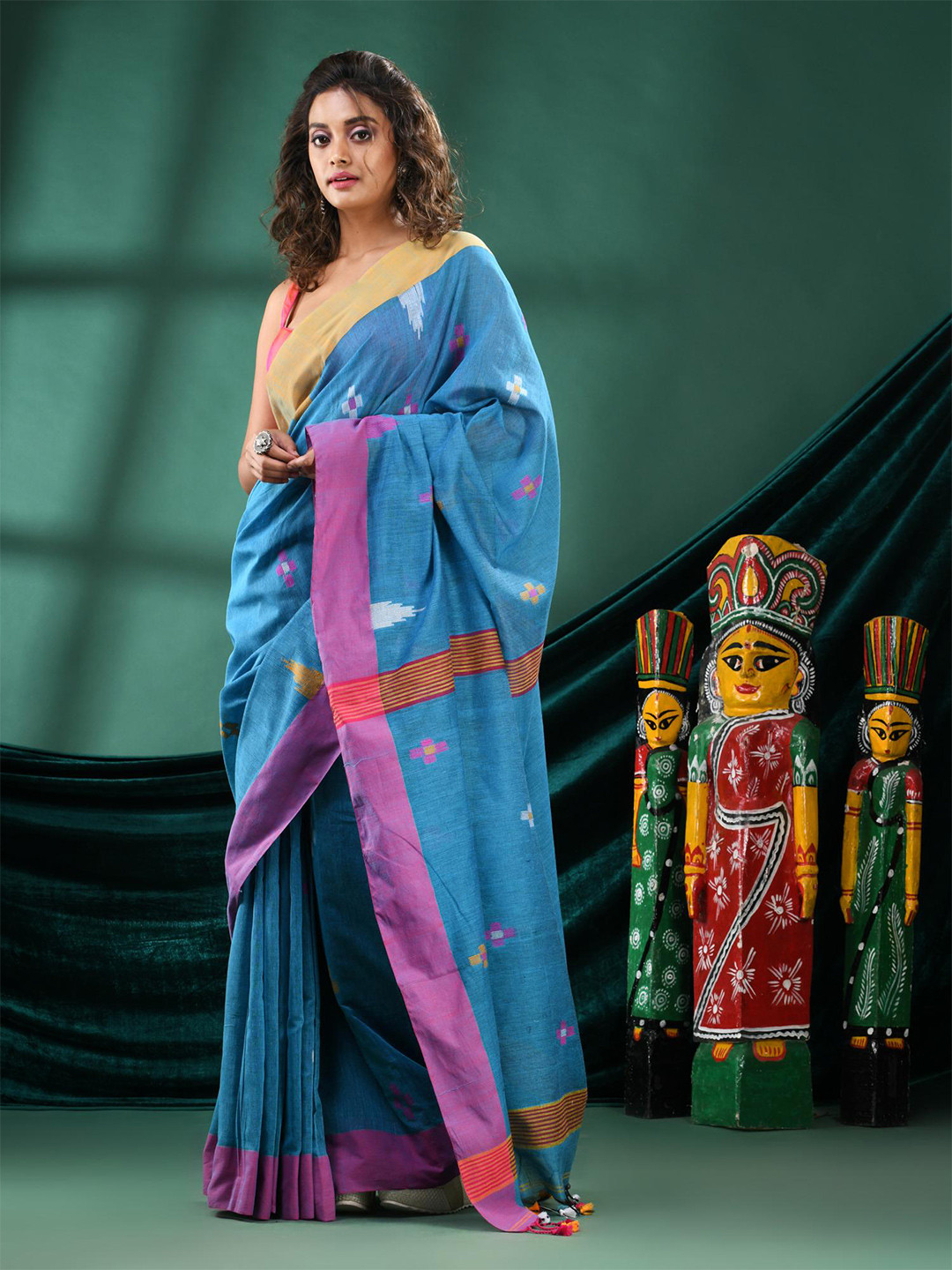 

Angoshobha Ethnic Motifs Woven Design Pure Cotton Saree, Turquoise blue