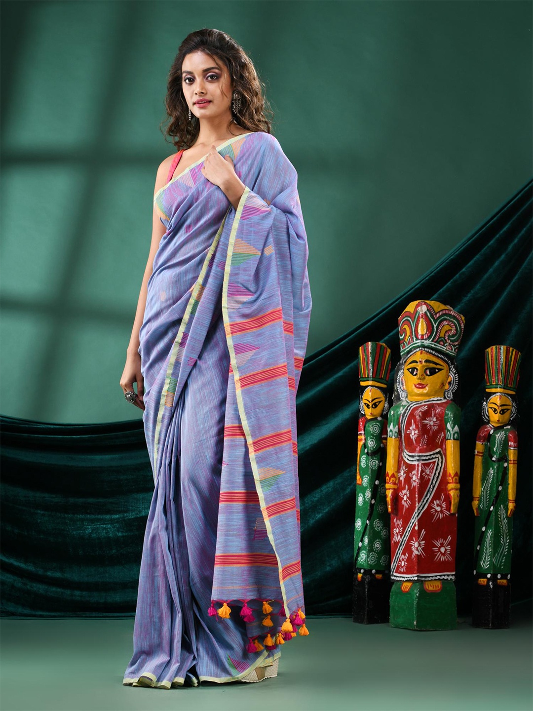 

Angoshobha Geometric Woven Design Pure Cotton Saree, Blue
