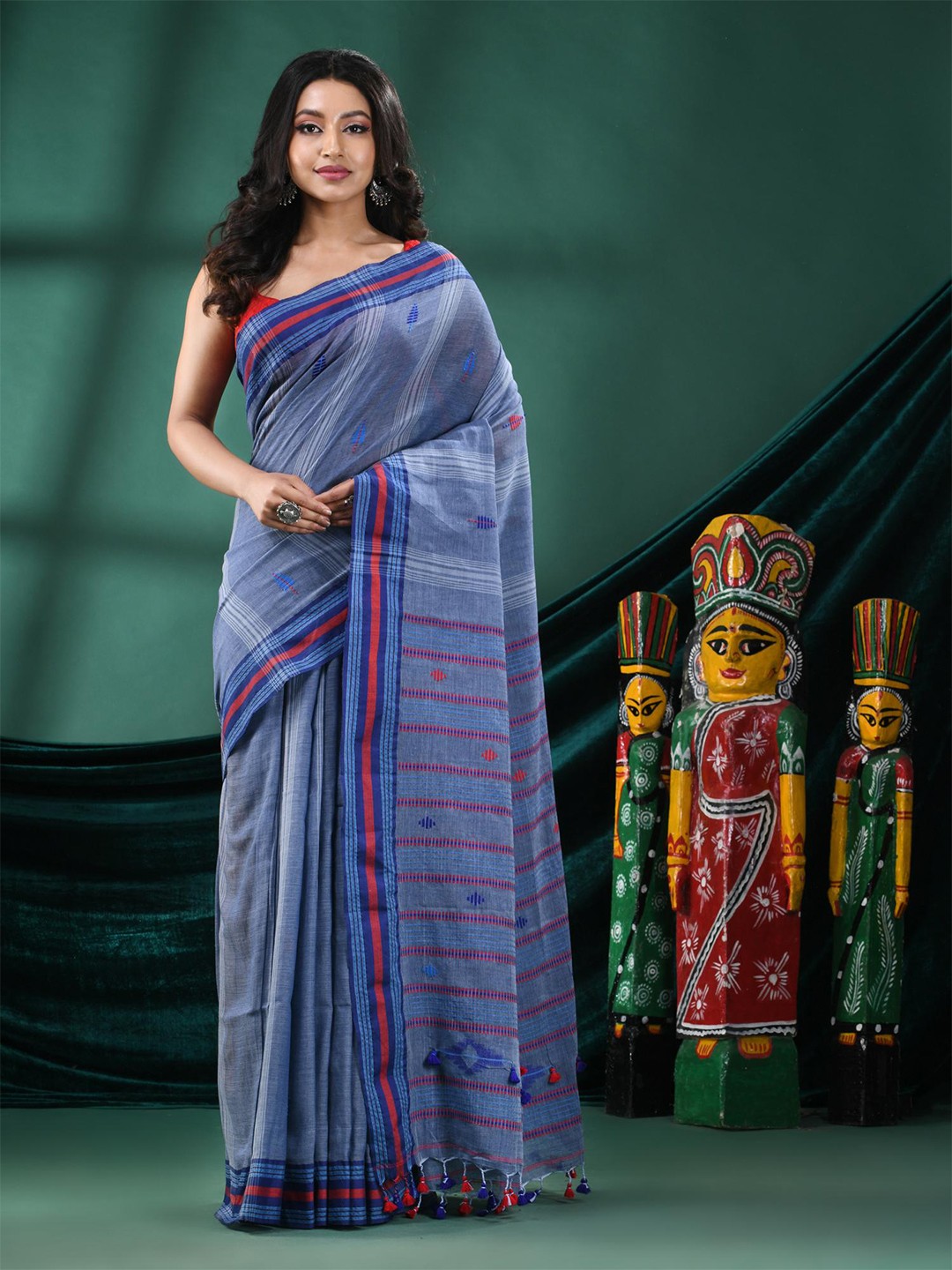 

Angoshobha Striped Pure Cotton Saree, Blue