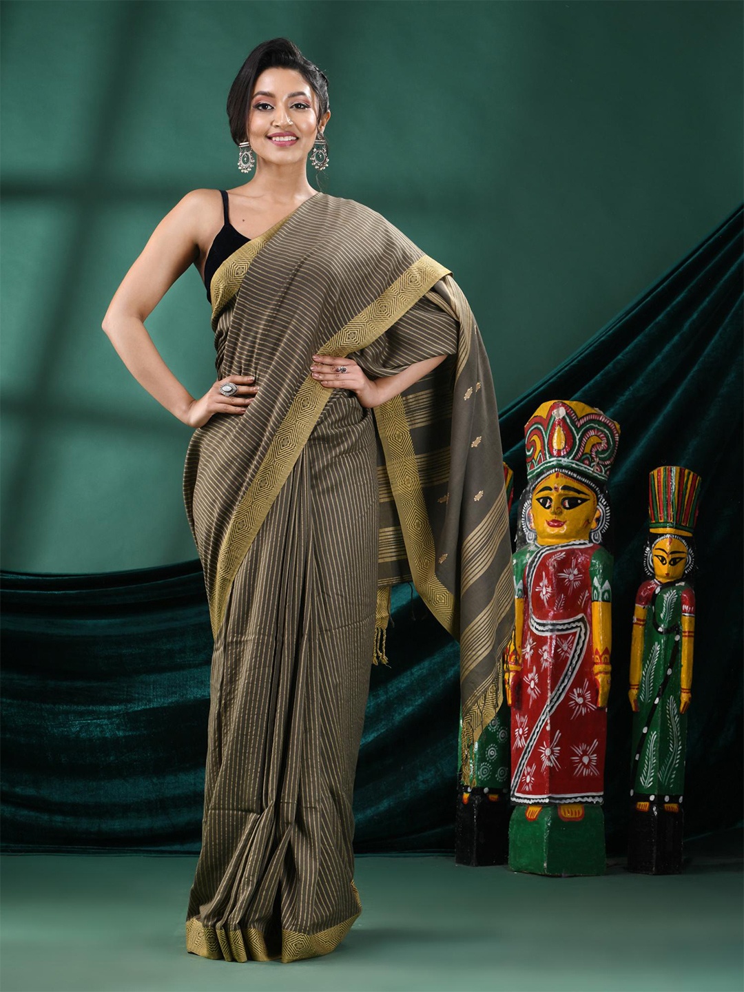 

Angoshobha Striped Zari Pure Cotton Saree, Grey