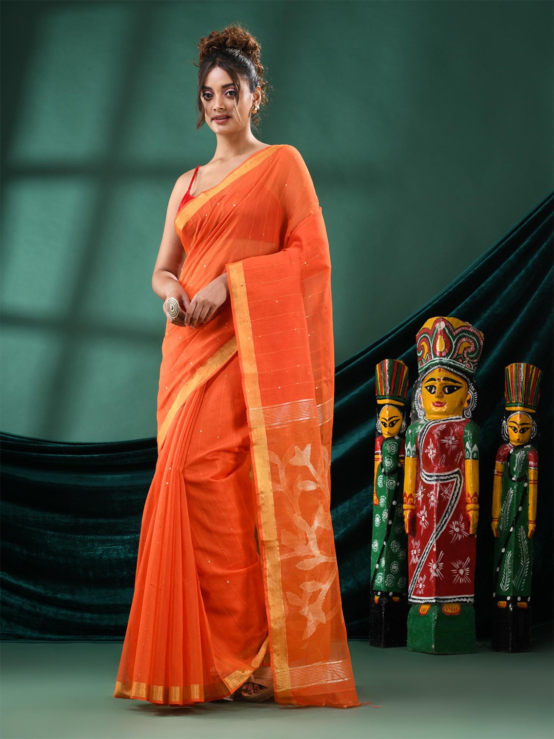 

Angoshobha Woven Design Sequinned Saree, Orange