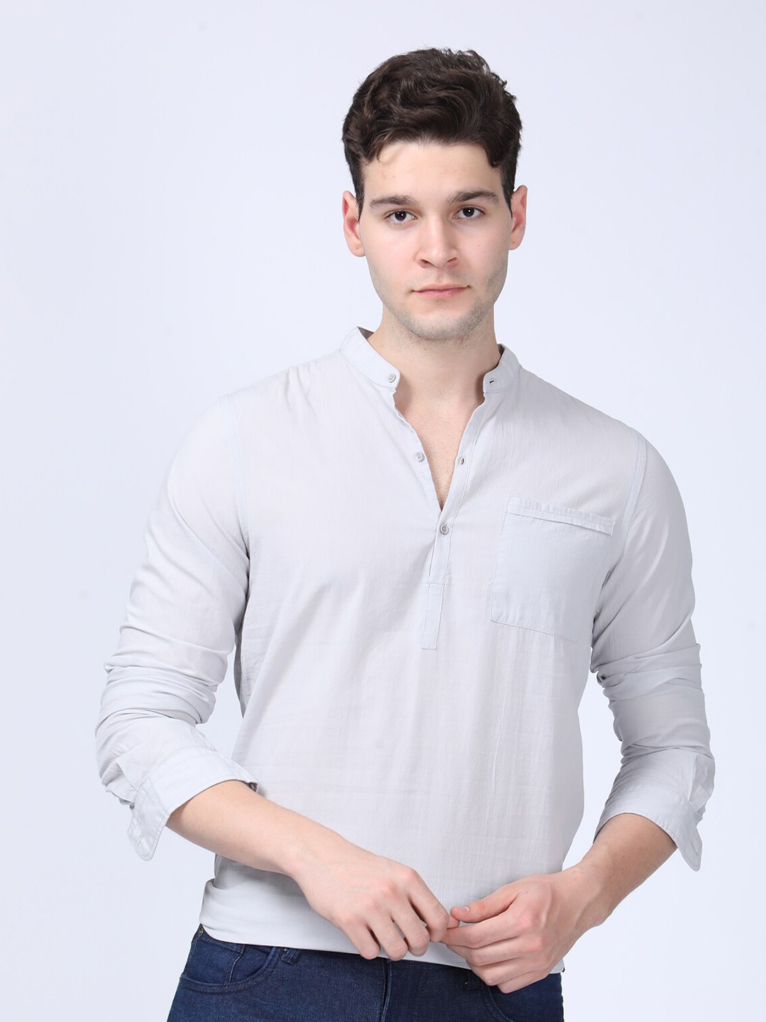 

POE Men Smart Slim Fit Mandarin Collar Cotton Casual Shirt, Grey