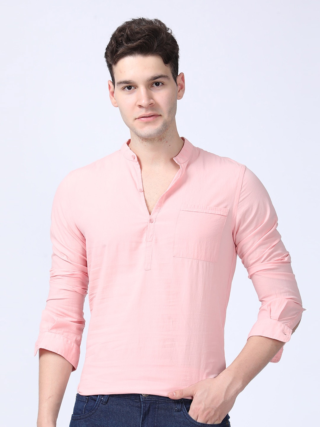 

POE Men Smart Slim Fit Band Collar Cotton Shirt, Pink