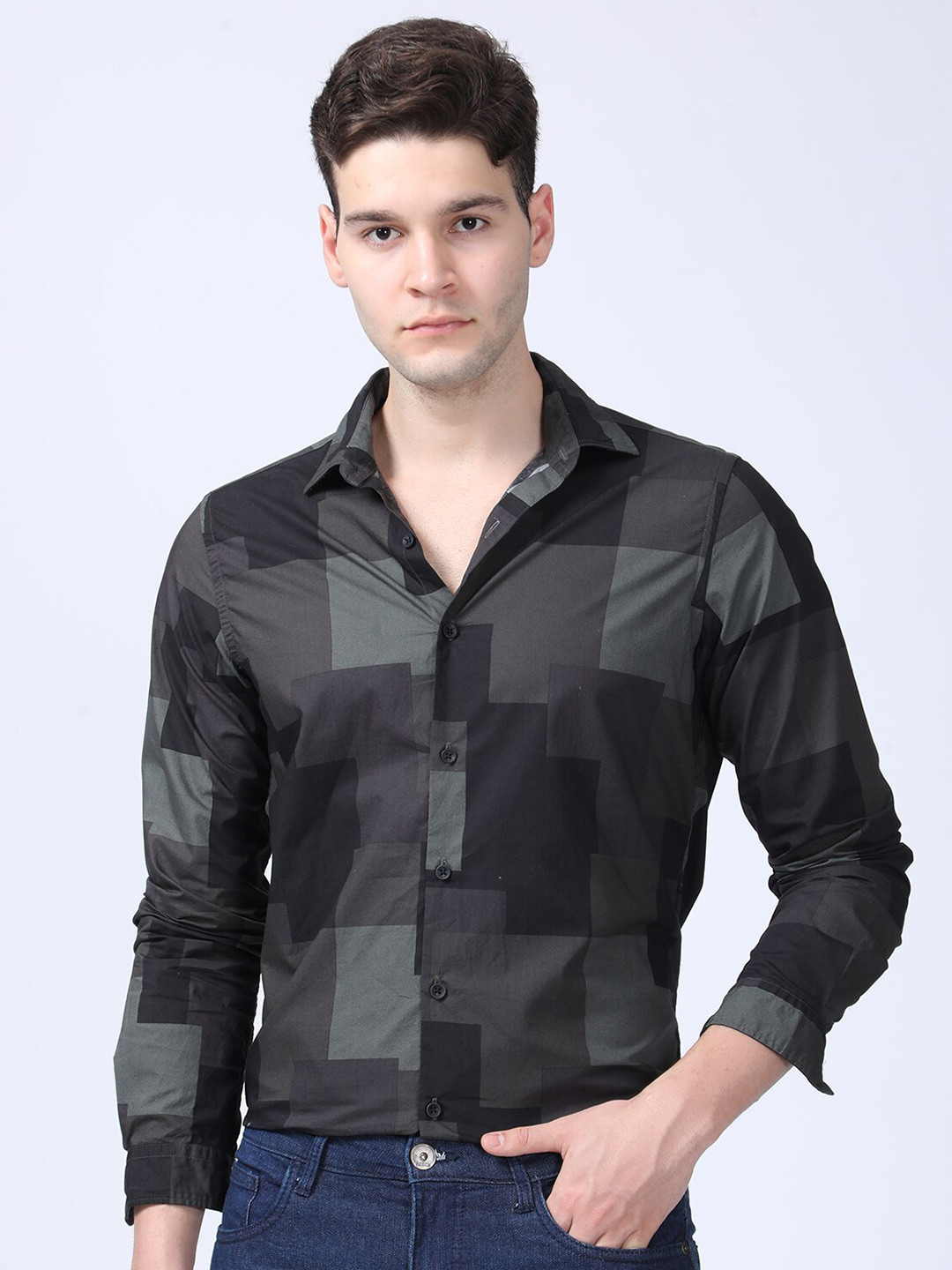 

POE Men Smart Slim Fit Opaque Checked Cotton Casual Shirt, Black
