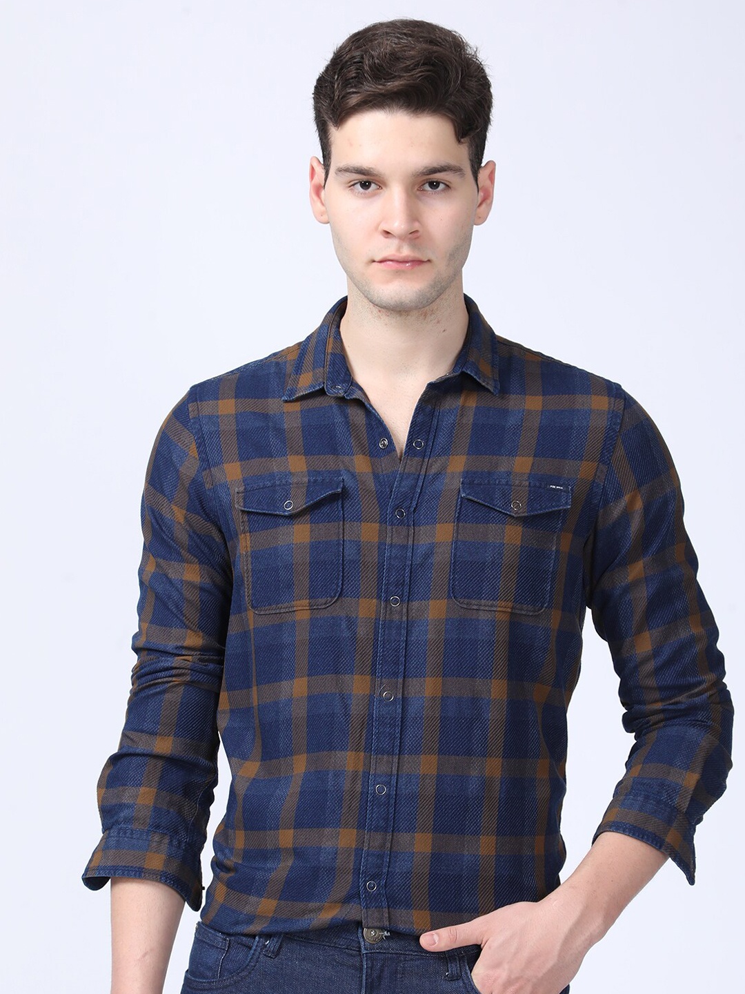 

POE Smart Slim Fit Checked Spread Collar Long Sleeves Cotton Casual Shirt, Khaki