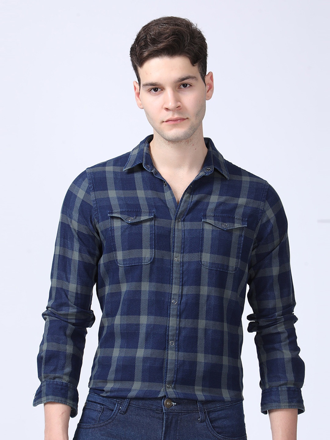 

POE Smart Slim Fit Checked Spread Collar Long Sleeves Cotton Casual Shirt, Grey
