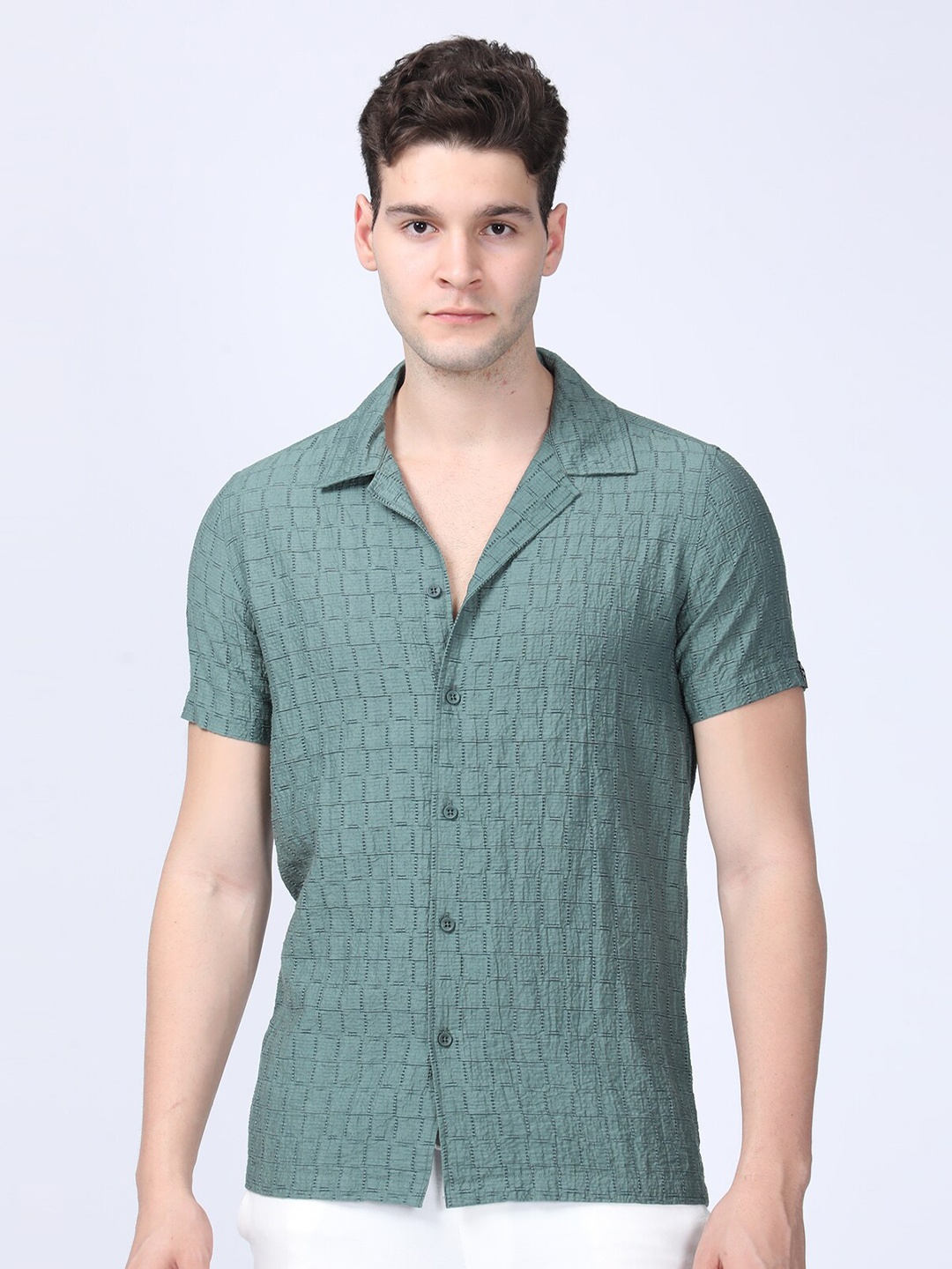 

POE Smart Slim Fit Checked Cuban Collar Cotton Shirt, Green