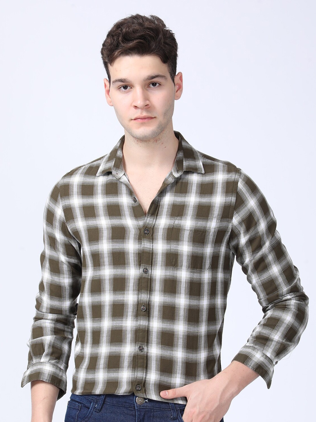 

POE Smart Slim Fit Checked Cotton Casual Shirt, Olive