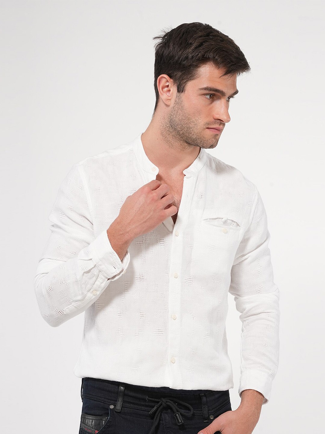 

POE Smart Slim Fit Self Design Band Collar Cotton Shirt, White