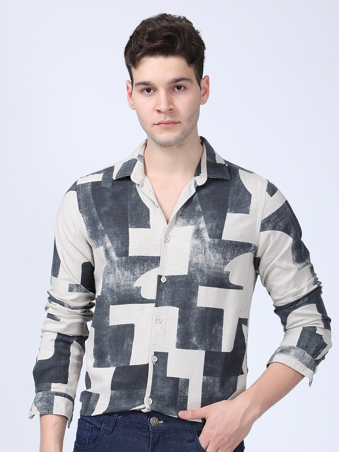 

POE Smart Slim Fit Geometric Printed Casual Shirt, Beige