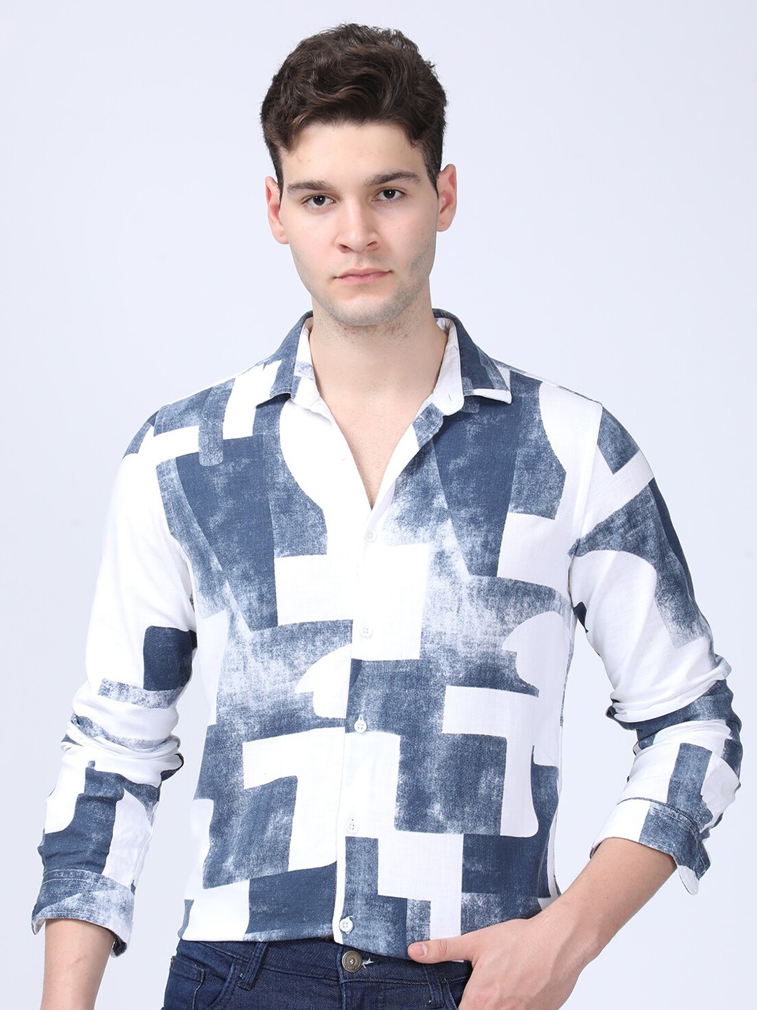 

POE Smart Slim Fit Geometric Printed Cotton Casual Shirt, Navy blue