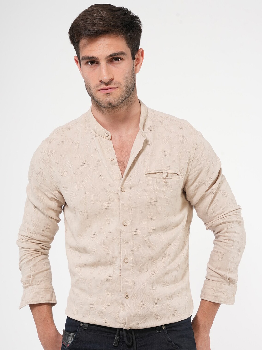 

POE Men Smart Slim Fit Opaque Casual Shirt, Beige