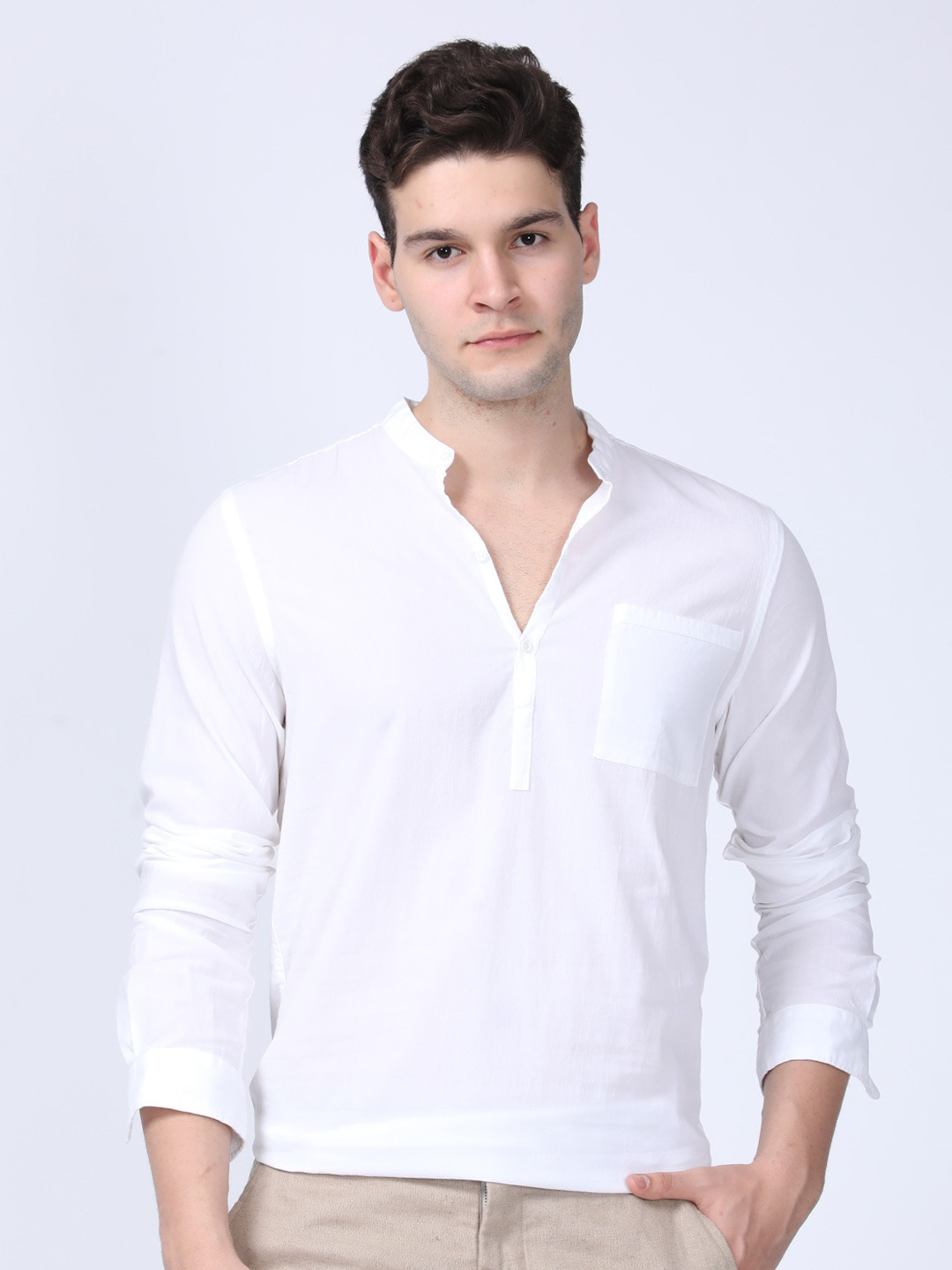 

POE Smart Mandarin Collar Cotton Curved Slim Fit Formal Shirt, White