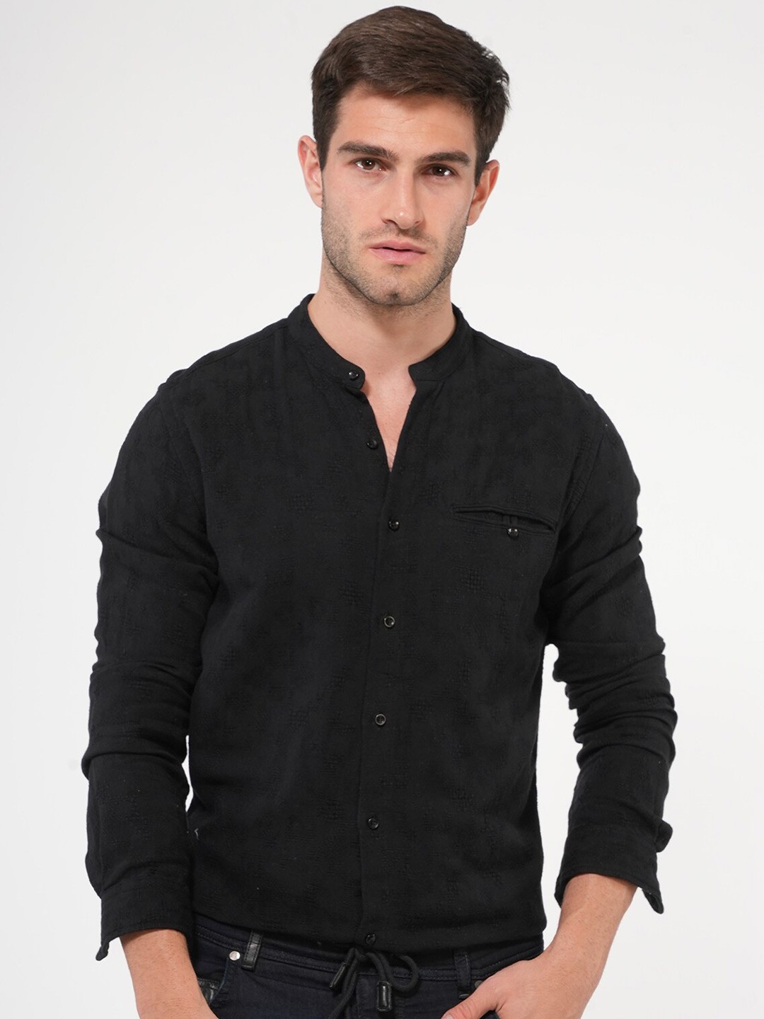 

POE Smart Slim Fit Mandarin Collar Long Sleeves Cotton Casual Shirt, Black