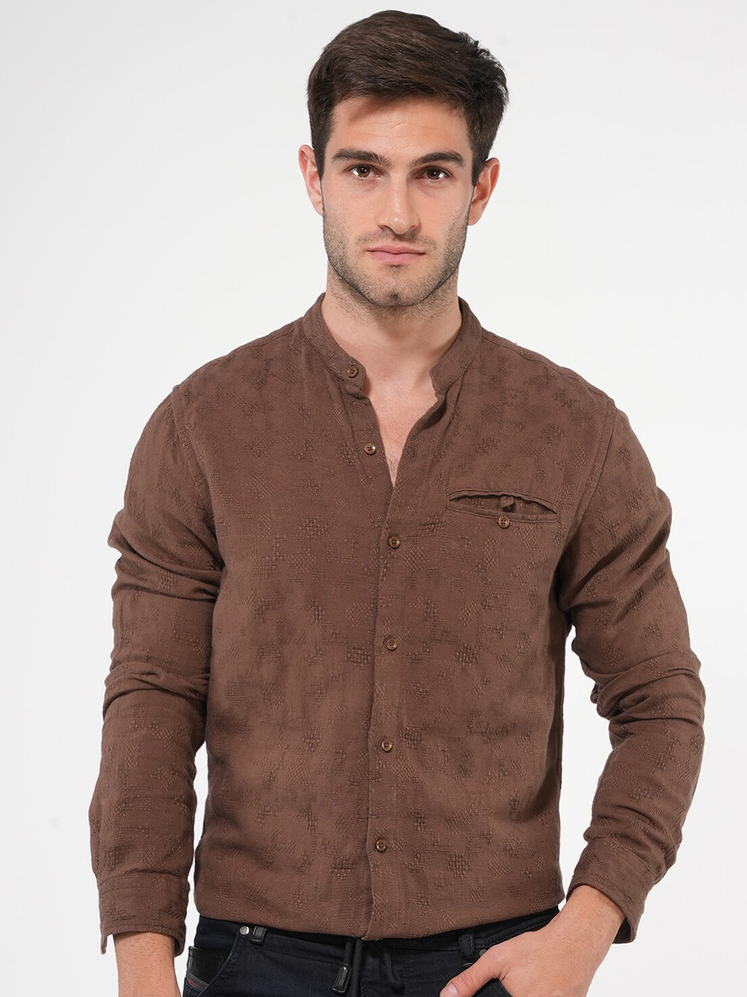 

POE Smart Slim Fit Self Design Band Collar Cotton Shirt, Brown
