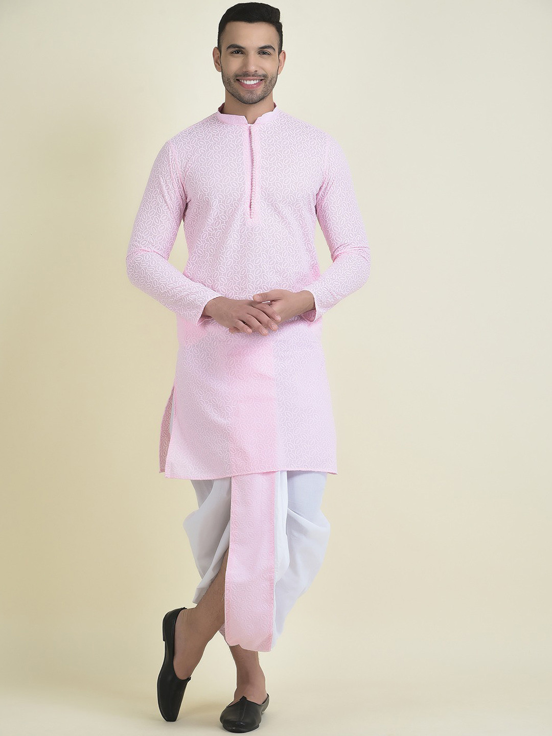 

DEYANN Floral Embroidered Chikankari Pure Cotton Kurta with Dhoti Pants, Pink
