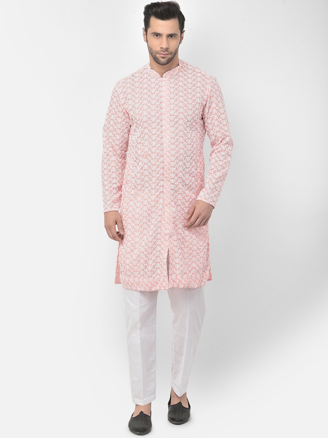 

DEYANN Ethnic Motifs Embroidered Chikankari Pure Cotton Kurta with Pyjamas, Peach