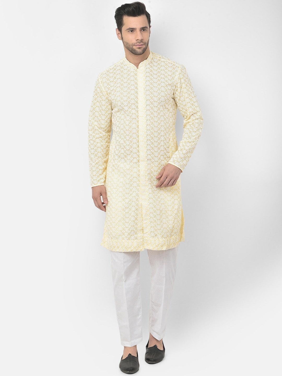 

DEYANN Floral Embroidered Chikankari Pure Cotton Kurta with Trouser, Yellow