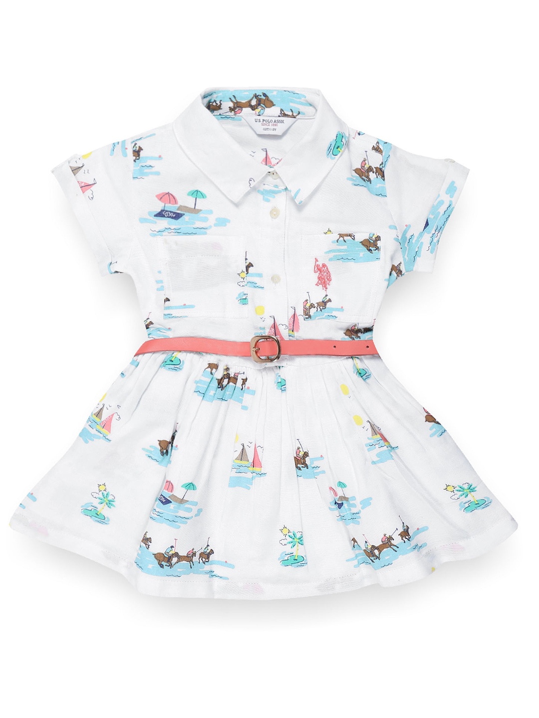 

U.S. Polo Assn. Kids Girls Printed Shirt Collar Fit & Flare Dress, White