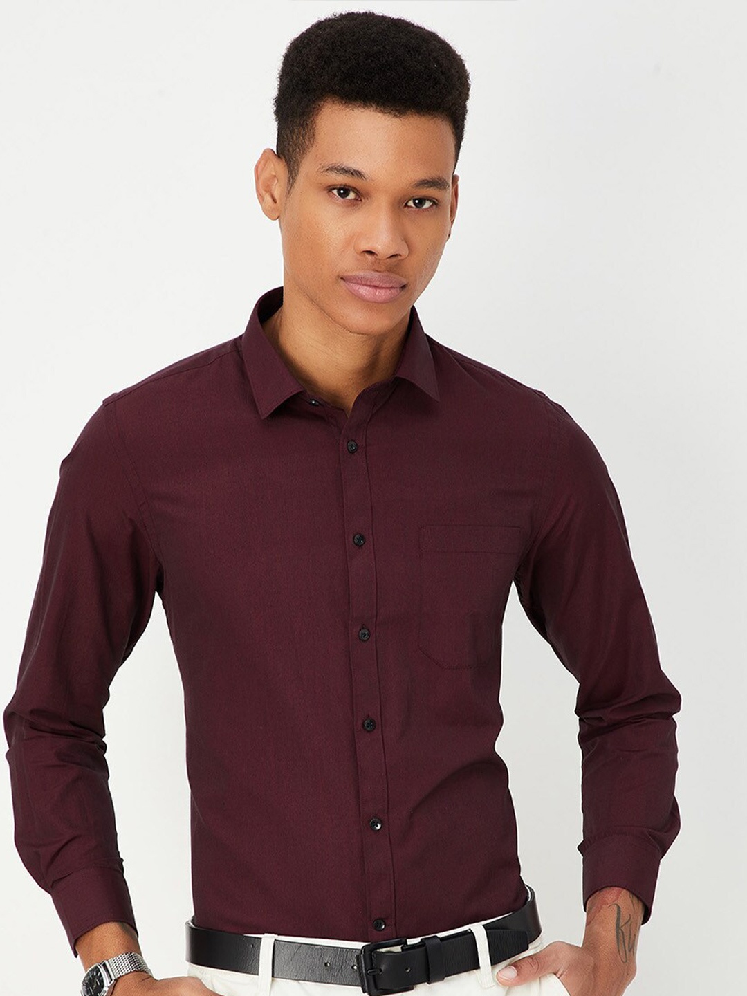 

max Spread Collar Long Sleeves Cotton Regular Fit Casual Shirt, Maroon