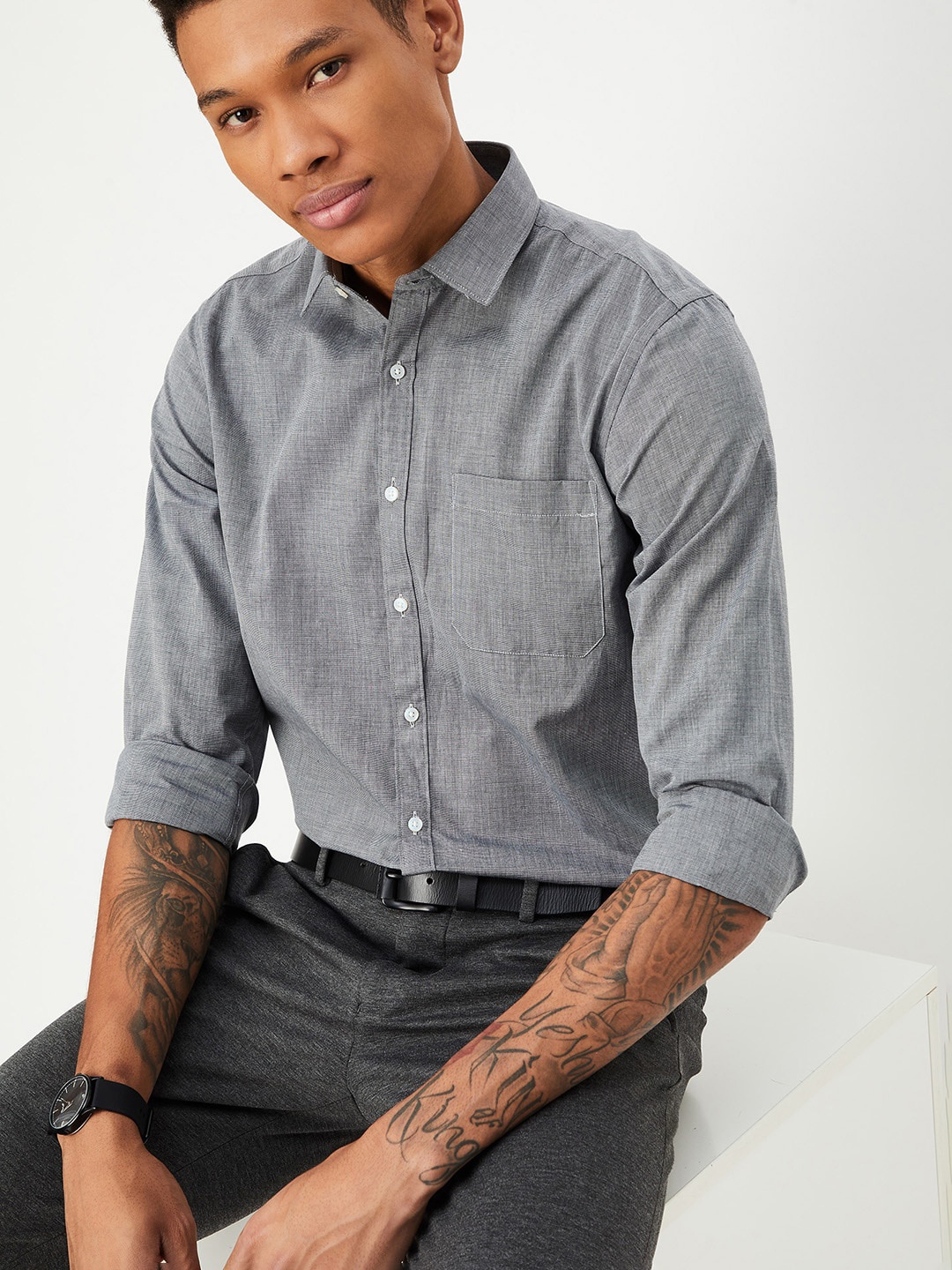 

max Spread Collar Long Sleeves Regular Fit Cotton Casual Shirt, Grey