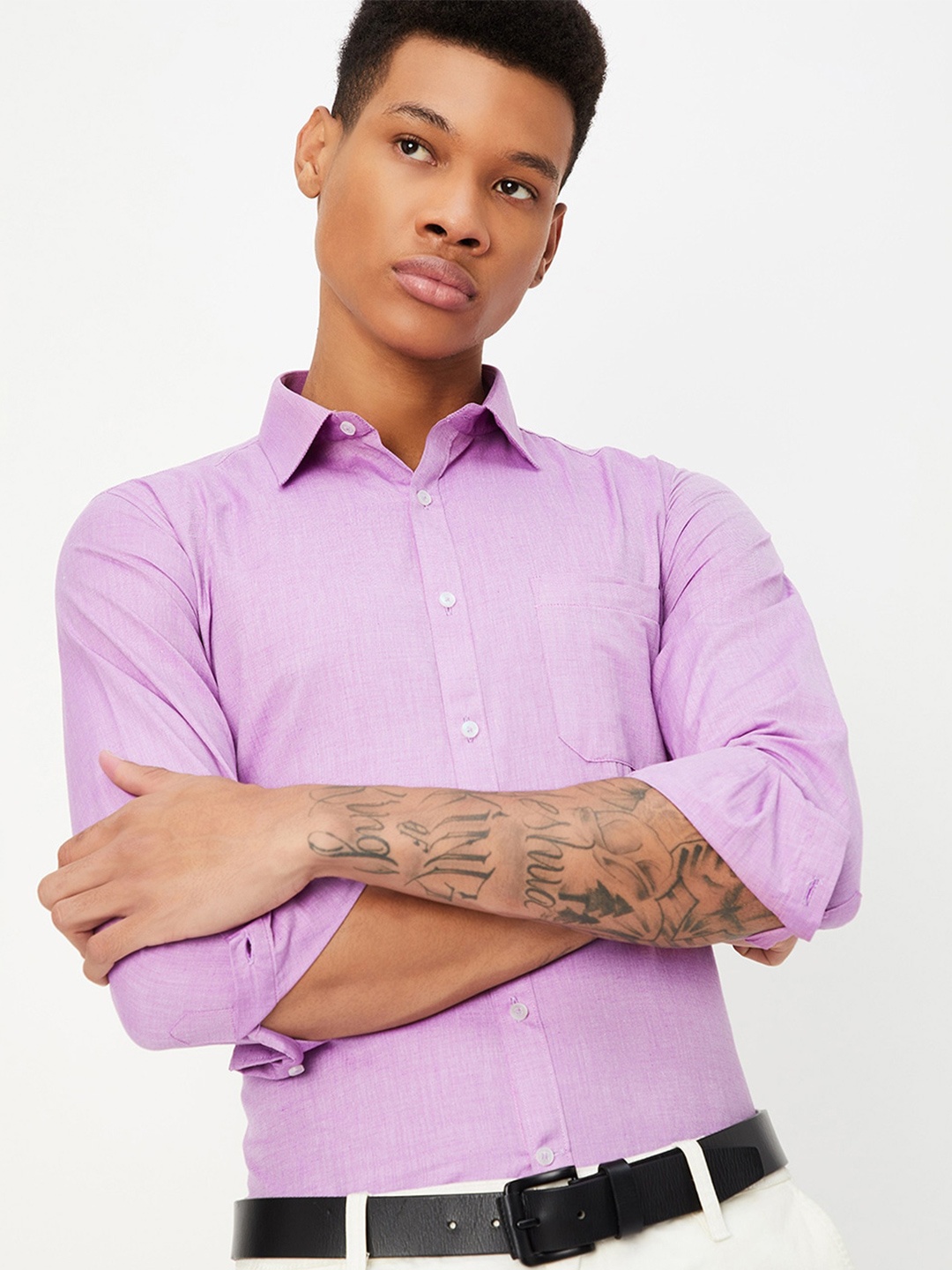 

max Spread Collar Long Sleeves Cotton Regular Fit Casual Shirt, Purple