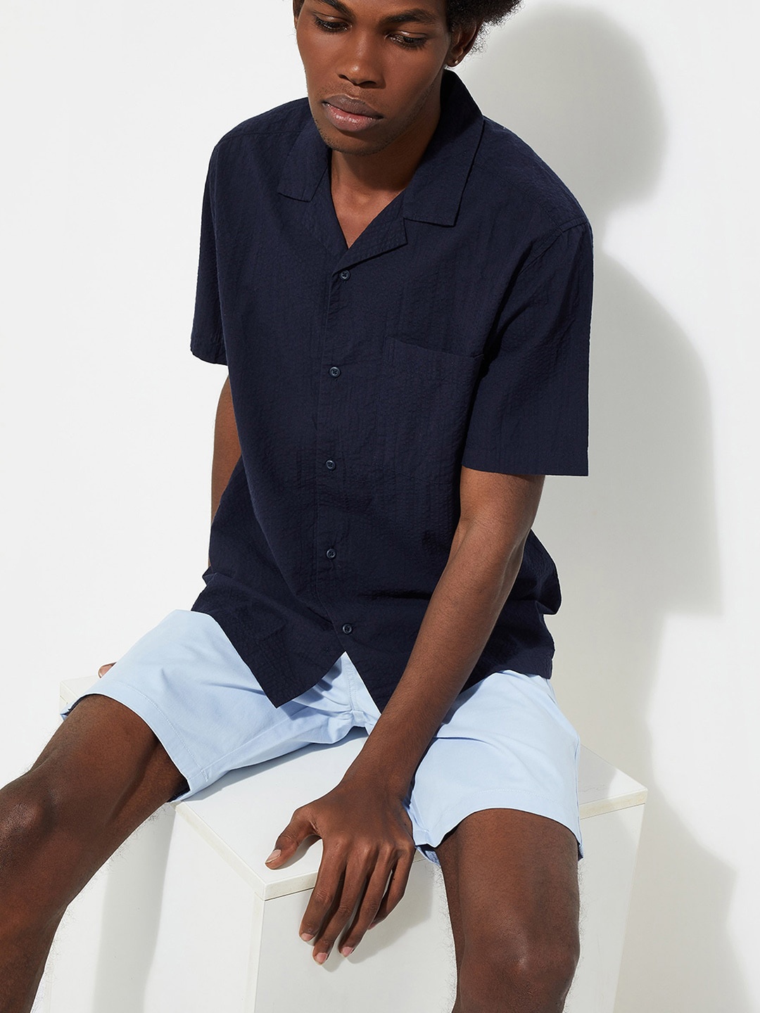 

max URB_N Men Regular Fit Solid Resort Shirt, Navy blue