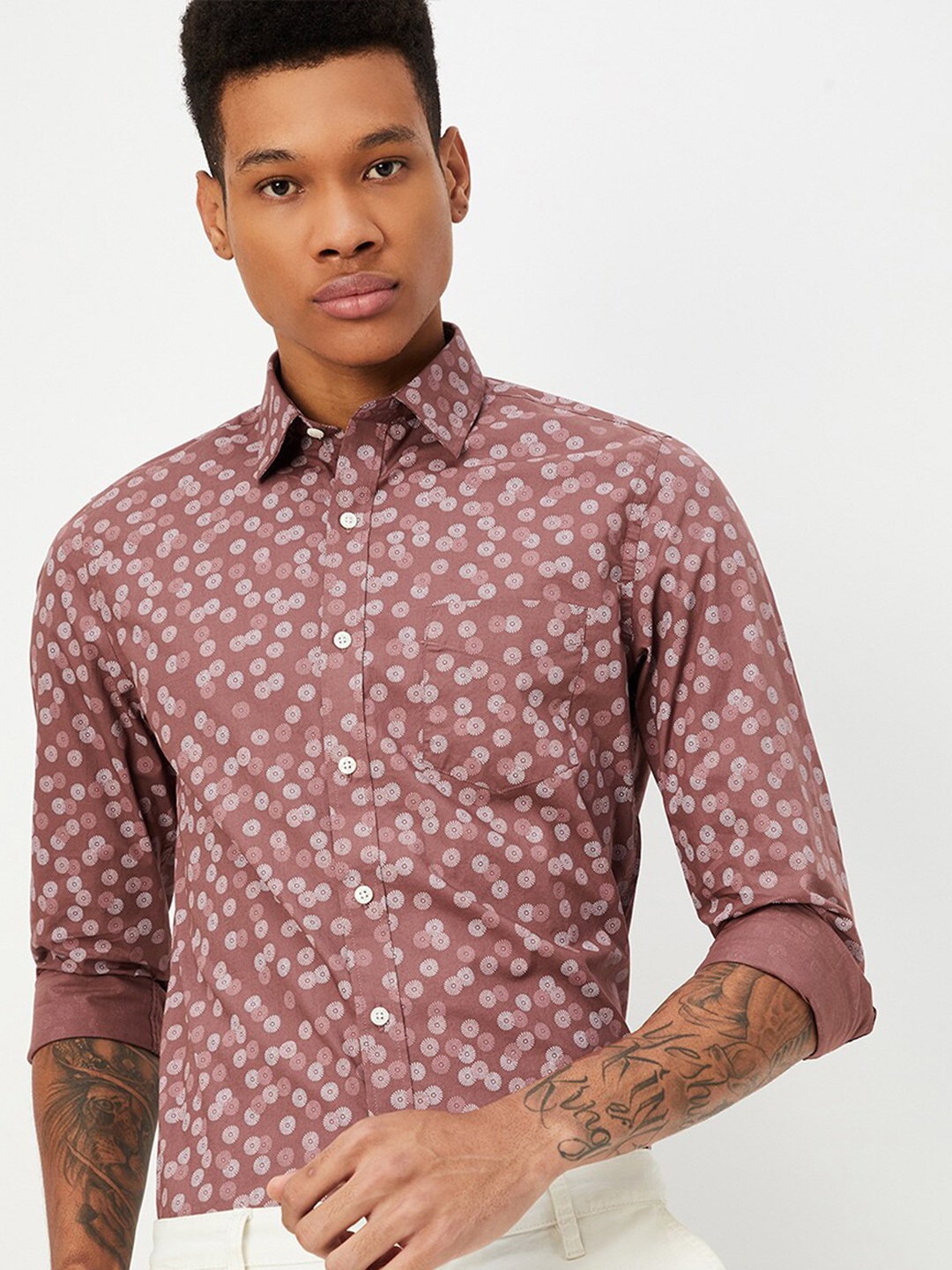 

max Floral Printed Spread collar Long Sleeves Cotton Casual Shirt, Mauve