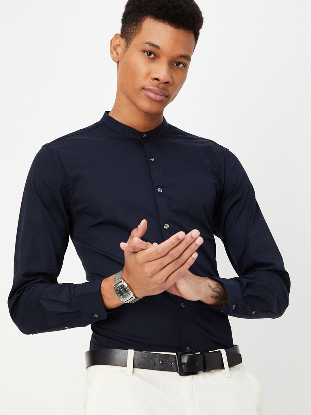 

max Mandarin Collar Long Sleeves Cotton Casual Shirt, Navy blue