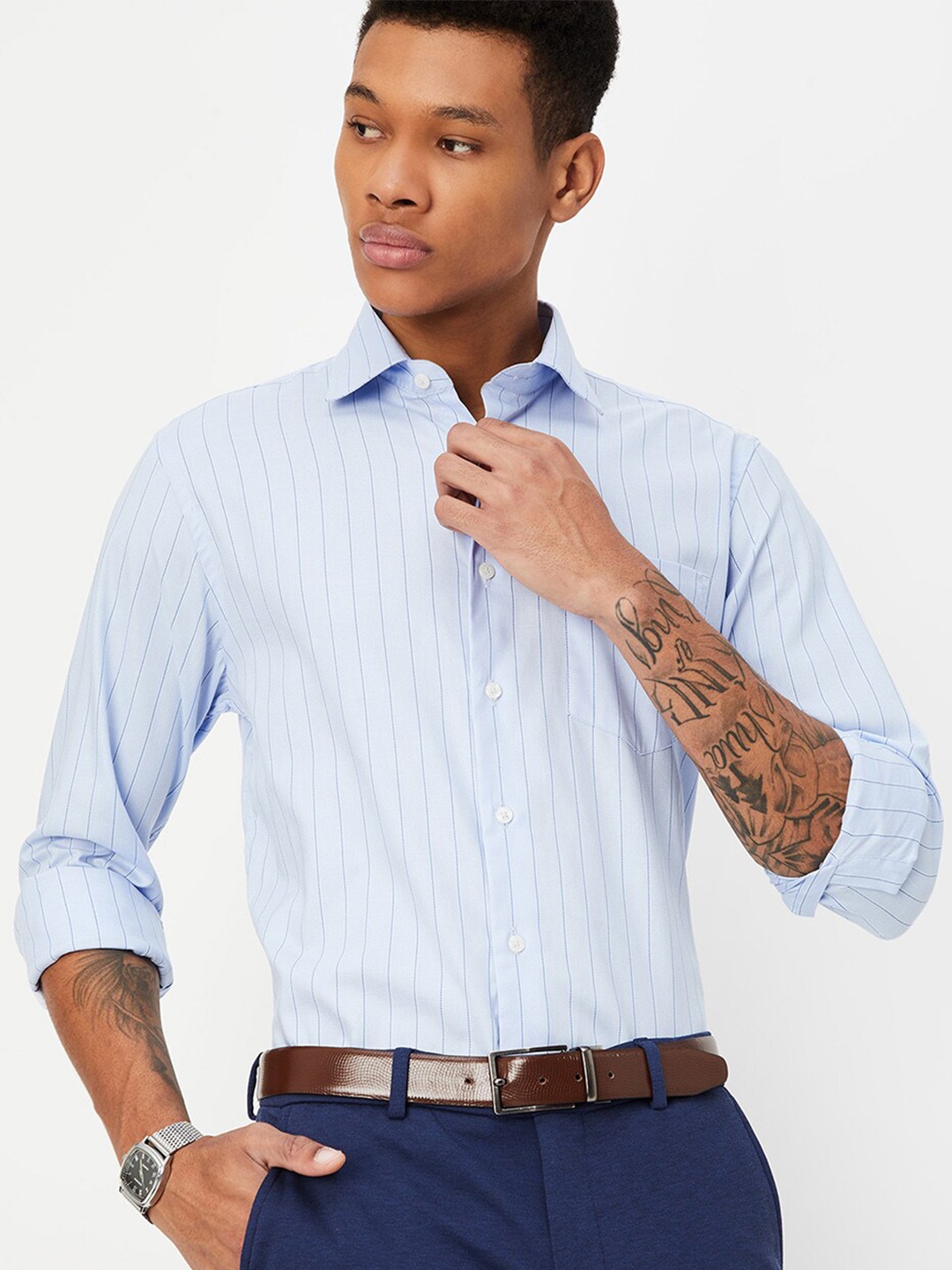 

max Striped Spread Collar Long Sleeves Cotton Casual Shirt, Blue