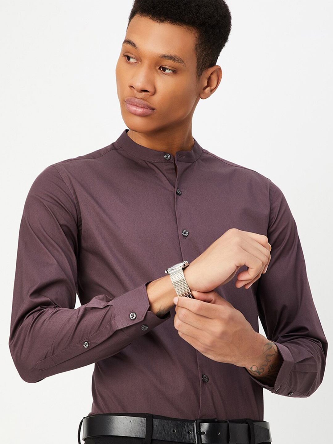 

max Mandarin Collar Long Sleeves Cotton Regular Fit Casual Shirt, Maroon