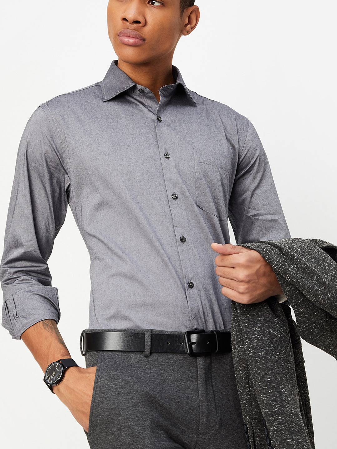 

max Spread Collar Long Sleeves Regular Fit Cotton Casual Shirt, Grey