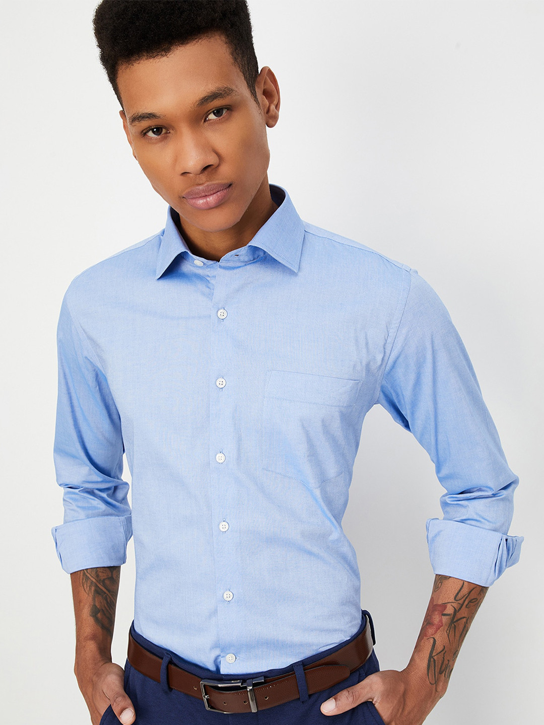 

max Spread Collar Long Sleeves Cotton Regular Fit Casual Shirt, Blue