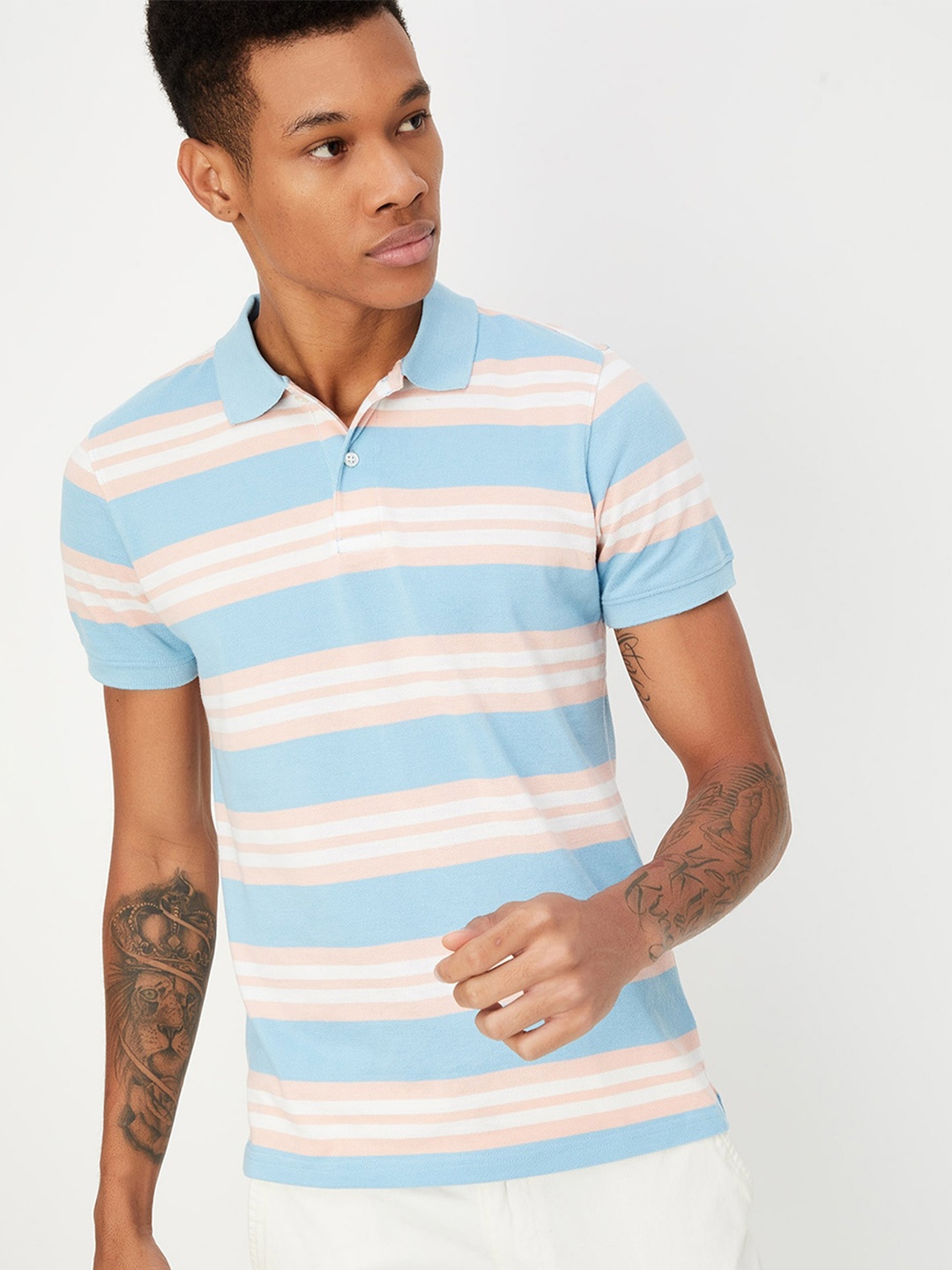 

max Striped Polo Collar Cotton T-shirt, Blue