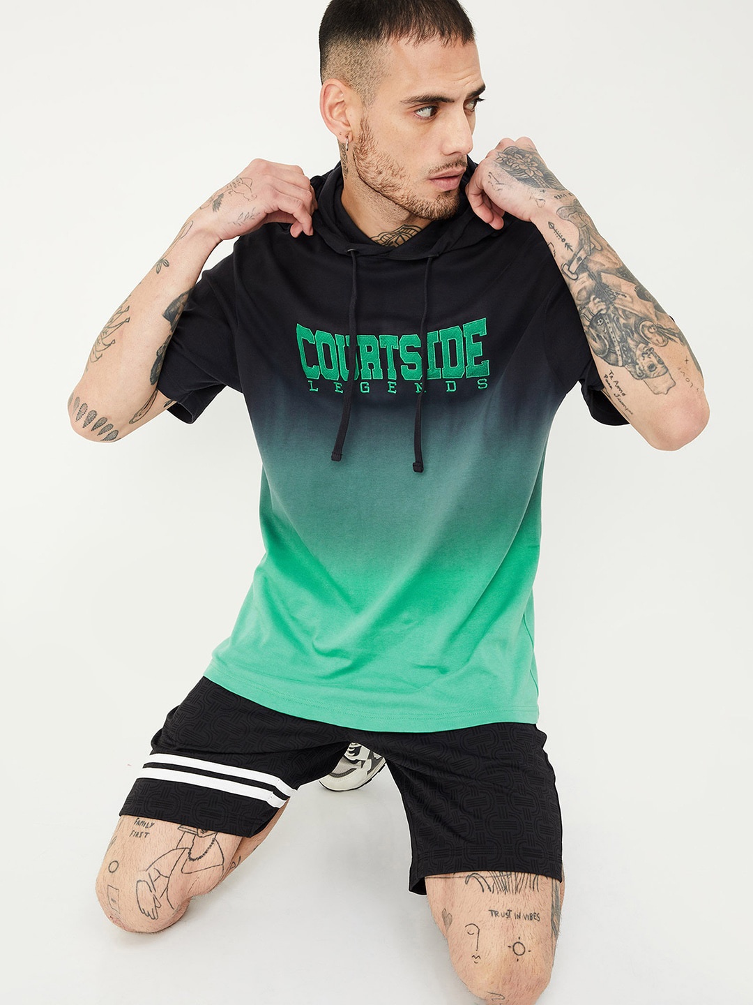 

max Typography Printed Hooded Cotton T-shirt, Green