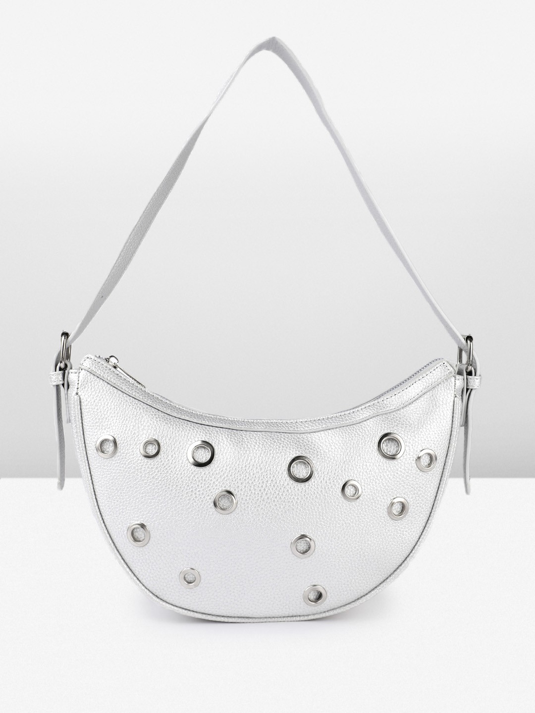 

French Connection Structured Shoulder Bag with Cut Work, Silver